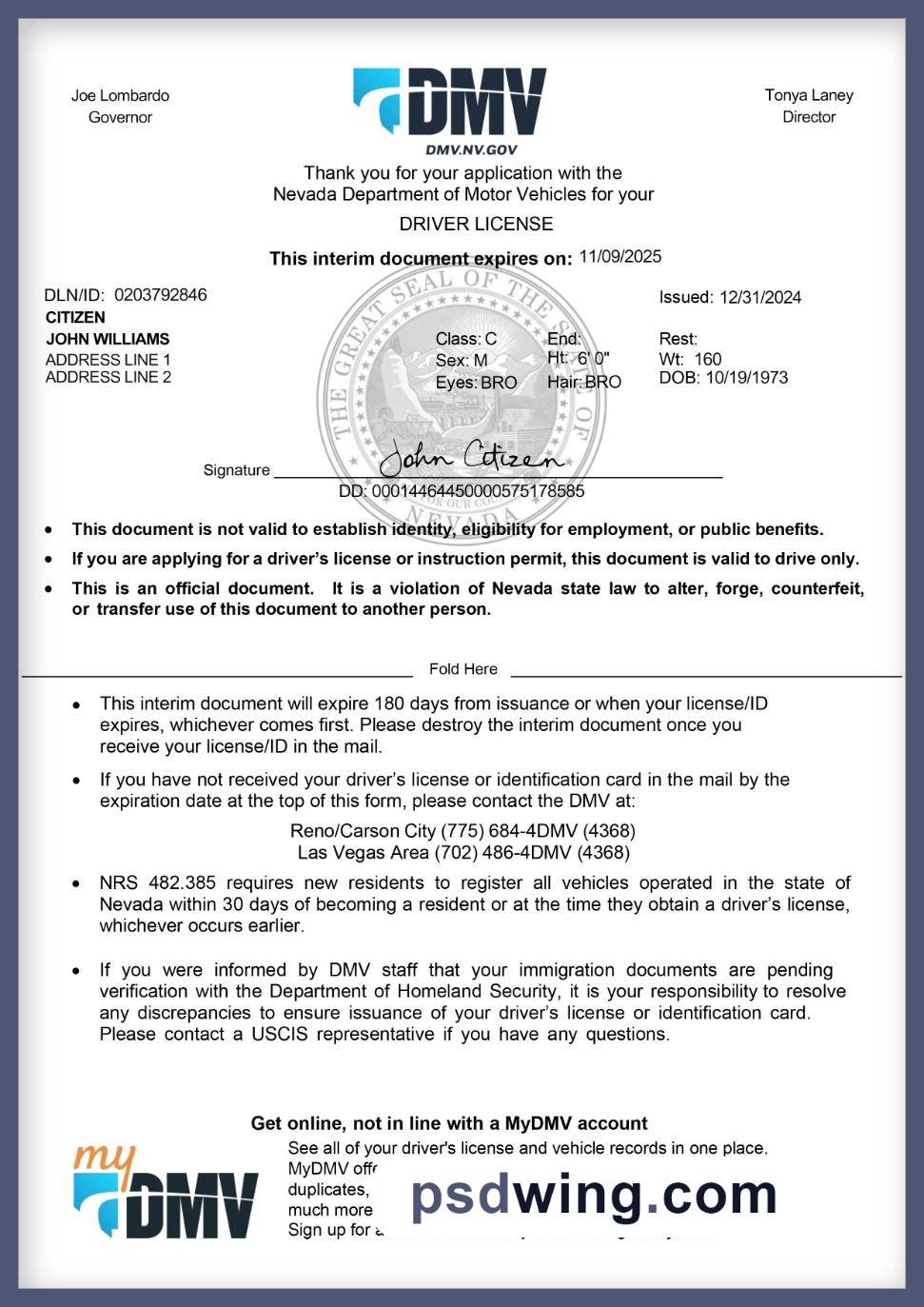 USA Nevada DMV Interim Driving Permit